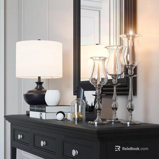 Elegant Decorative Accessory Set With Table Lamp Mirror Candle Holders And Books On Black Cabinet 3d model 