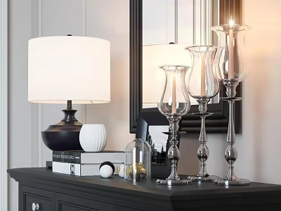Elegant Decorative Accessory Set With Table Lamp Mirror Candle Holders And Books On Black Cabinet 3d model