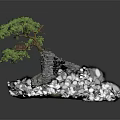 Bonsai Plant with Green Leaves on Rock Base and Small House Decoration