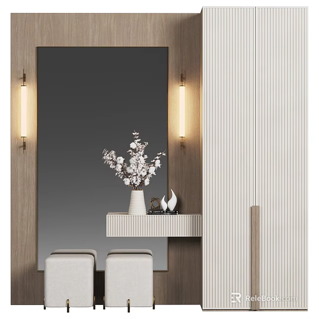 Modern Dressing Table With Large Mirror Wall Sconces Flower Vase And White Stools 3d model