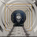 Event Passage With Yellow Neon Lights And Central Clock Tunnel View