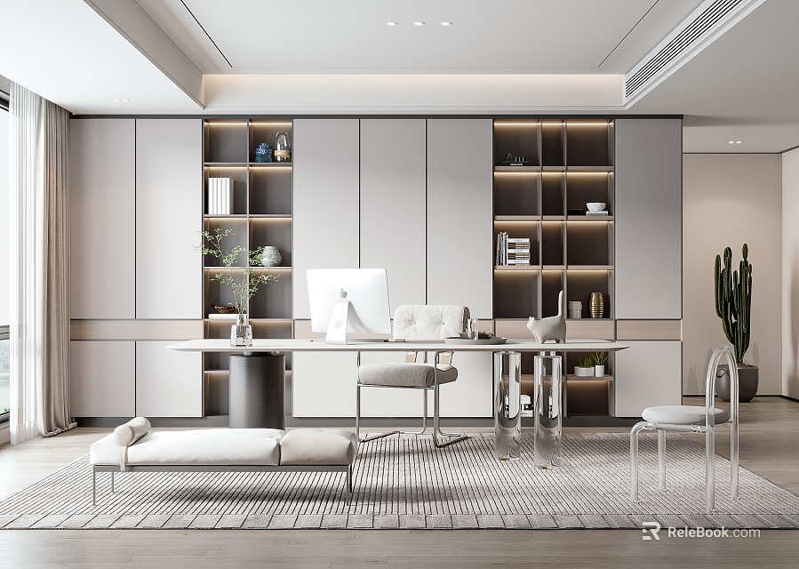 Modern Study Room Interior Design With White Cabinets Bookshelves Desk And Computer 3d model 