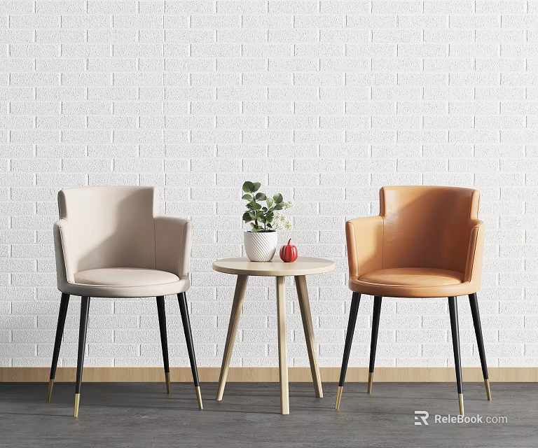 Beige And Orange Armchairs With Round Wooden Table Green Plant Red Apple White Brick Wall 3d model 