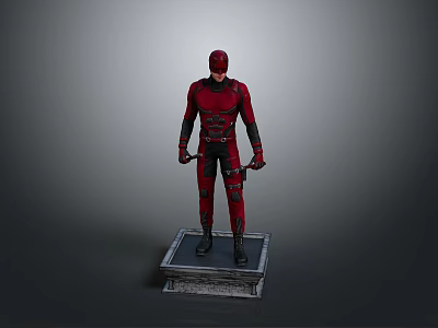Red Superhero Statue Standing On Square Base With Red Costume And Daggers 3d model