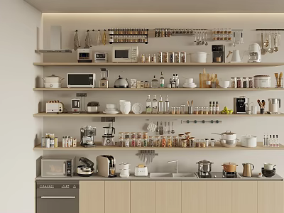 Modern Kitchen With Multiple Shelves Filled With Various Kitchen Appliances Cookware And Jars 3d model