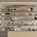 Modern Kitchen With Multiple Shelves Filled With Various Kitchen Appliances Cookware And Jars