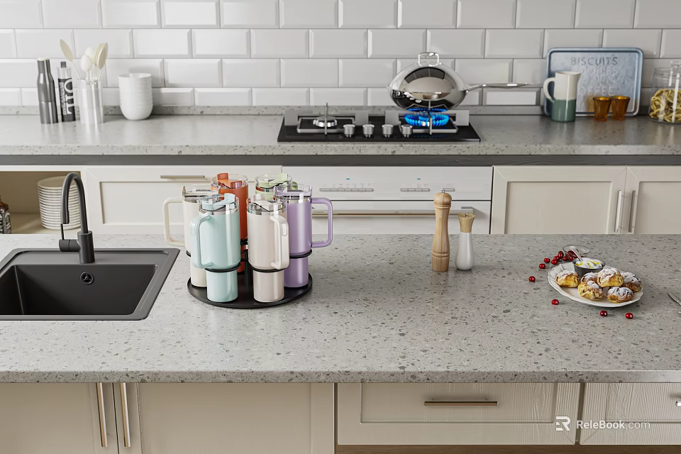 Colorful Ceramic Mugs on Rotating Rack for Modern Kitchen Countertop 3d model 
