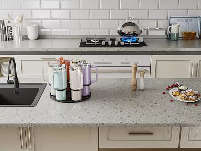Colorful Ceramic Mugs on Rotating Rack for Modern Kitchen Countertop 3d model