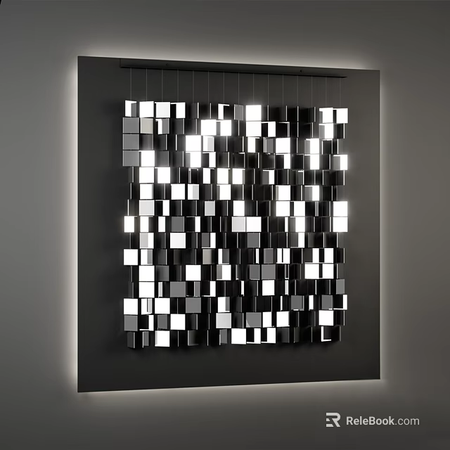 Modern Wall Decor With Black White Geometric Squares And Illuminated Hanging Design 3d model 