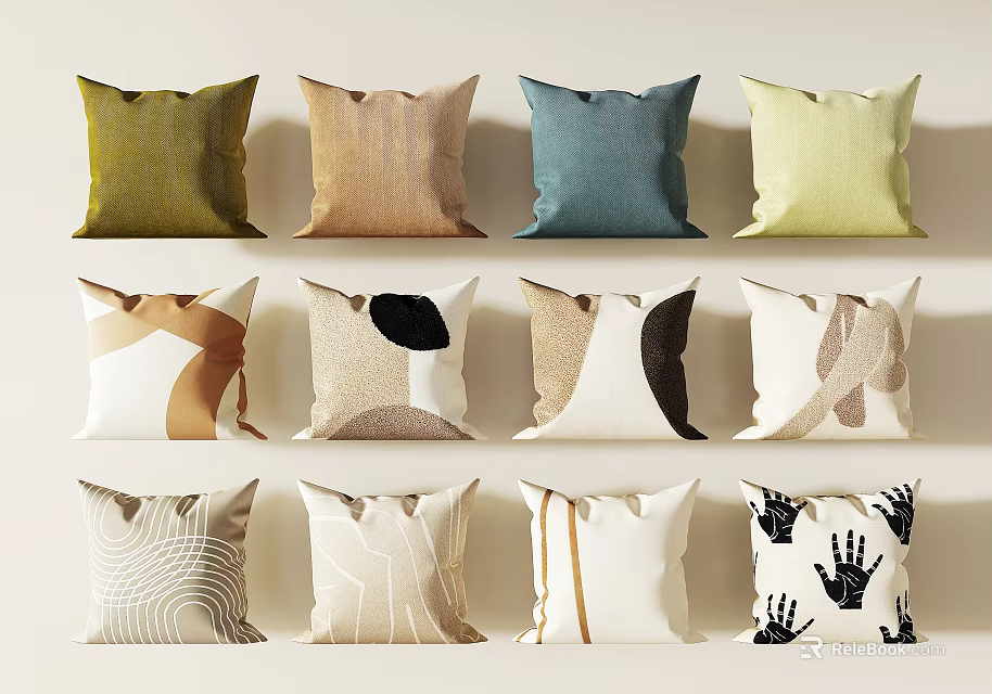 Decorative Modern Throw Pillows Featuring Neutral Tones Vibrant Colors Abstract Patterns And Handprint Designs 3d model