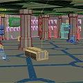 Cartoon Control Room Interior With Tall Pillars Blue Lined Floor And Equipment Crates