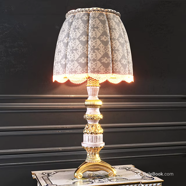 Illuminated Table Lamp With Patterned Lampshade Lace Trim And White Gold Decorative Base 3d model 