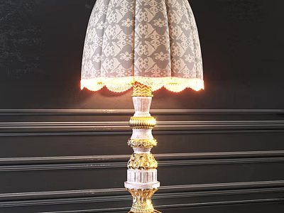 Illuminated Table Lamp With Patterned Lampshade Lace Trim And White Gold Decorative Base 3d model