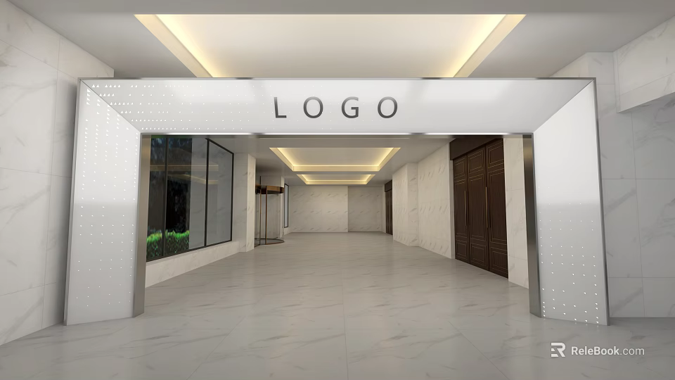 Front Desk Reception Area With Modern Design LOGO Signage Marble Floor And Glass Walls 3d model 