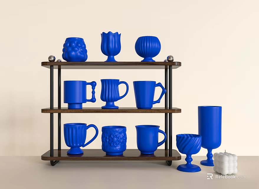 Collection of Blue Mugs with Various Designs Arranged on a Wooden Shelf 3d model 
