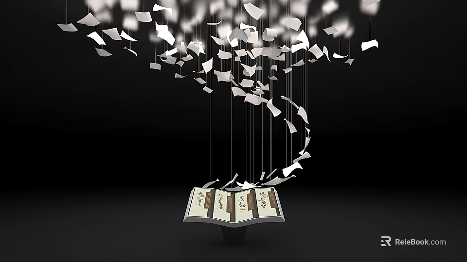 Interactive Zone With Floating Book Pages Against Black Background 3d model 