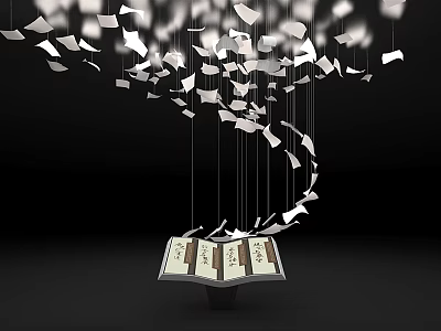 Interactive Zone With Floating Book Pages Against Black Background 3d model
