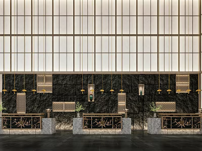 Modern Hotel Lobby Interior With Large Glass Windows Golden Hanging Lights And Marble Reception Counter 3d model
