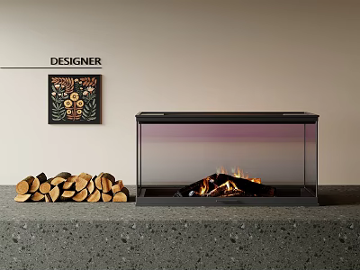 Modern Designer Fireplace With Glass Front And Stack Of Wood Logs Nearby 3d model
