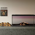 Modern Designer Fireplace With Glass Front And Stack Of Wood Logs Nearby