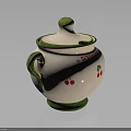 Ceramic Storage Jar With Lid Green Trim White Body Red Cherry Patterns Handle 3d model