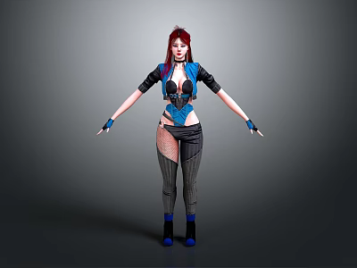 3D Female Character With Red Purple Hair Blue Black Outfit Fishnet Stockings And Blue Boots 3d model