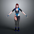 3D Female Character With Red Purple Hair Blue Black Outfit Fishnet Stockings And Blue Boots