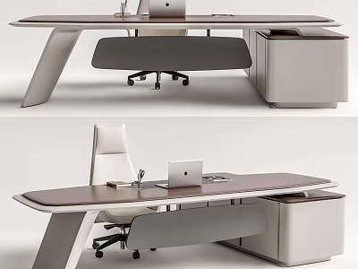 Modern Office Desk Workstation With White Chair Laptop And Storage Cabinet 3d model