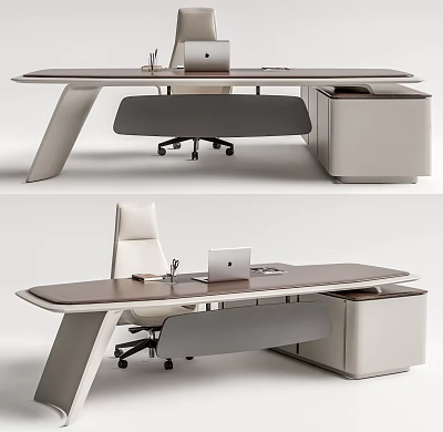 Modern Office Desk Workstation With White Chair Laptop And Storage Cabinet 3d model