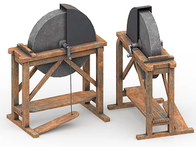 Traditional Industrial Stone Mill Equipment With Wooden Frame And Grinding Wheels 3d model