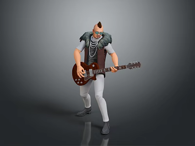 Stylish Man With Mohawk Hairstyle Necklaces In Feather Decorated Vest Playing Electric Guitar 3d model