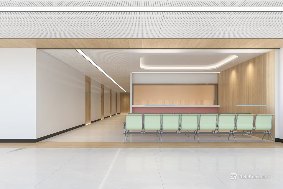 Modern Hospital Outpatient Waiting Area With Comfortable Seats Bright Lighting And Wooden Interior Design 3d model 