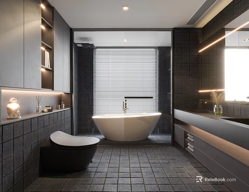 Modern Bathroom Interior With Dark Tiles Free Standing Bathtub Window Blinds And Double Vanity 3d model 