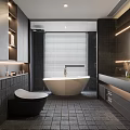 Modern Bathroom Interior With Dark Tiles Free Standing Bathtub Window Blinds And Double Vanity