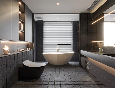 Modern Bathroom Interior With Dark Tiles Free Standing Bathtub Window Blinds And Double Vanity 3d model