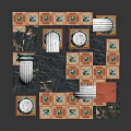 Ornate Architectural Scene Component With Colorful Columns Curved Pipes And Red Accents