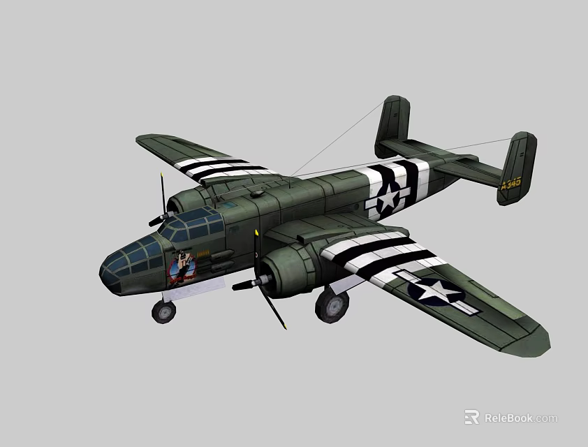 Vintage Military Fighter Jet with Black White Stripes Star Insignia Green Fuselage Extended Landing Gear 3d model 