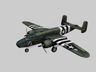 Vintage Military Fighter Jet with Black White Stripes Star Insignia Green Fuselage Extended Landing Gear 3d model