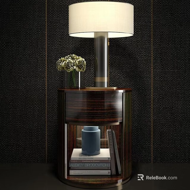 Elegant Bedside Table with Table Lamp Vase Flowers Books and Blue Jar on Black Wall 3d model 