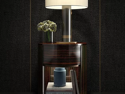 Elegant Bedside Table with Table Lamp Vase Flowers Books and Blue Jar on Black Wall 3d model