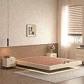 Double Bed in Modern Bedroom with Beige Wall Wooden Blinds Nightstand Vase and Drawer Cabinet
