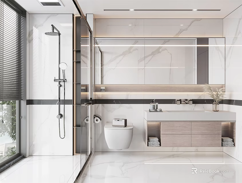 Modern Bathroom Space With Marble Walls Glass Shower Area Wooden Vanity And Mirror Lighting 3d model 