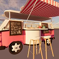Pink Food Truck With Red And White Striped Awning Bar Counter And Wooden Stools