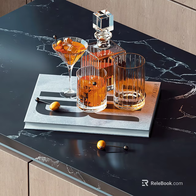 Stylish Wine Decanter And Cocktail Glasses On Tray With Marble Tabletop And Fruit Garnish 3d model 