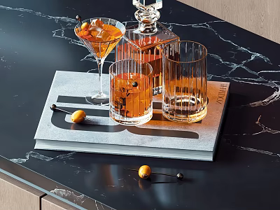 Stylish Wine Decanter And Cocktail Glasses On Tray With Marble Tabletop And Fruit Garnish 3d model