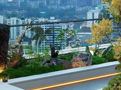 Rooftop Garden Plant Combination With Various Green Plants Stones And Urban View 3d model