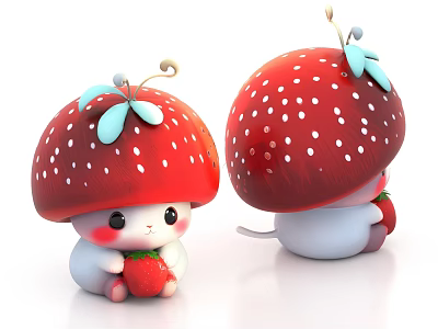 Cute Stuffed Doll With Red Mushroom Shaped Hat White Dots And Blue Leaves Holding Strawberry 3d model