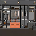 Modern Walk in Closet Interior With Hanging Clothes Glass Door Cabinets Orange Drawers And Mirror