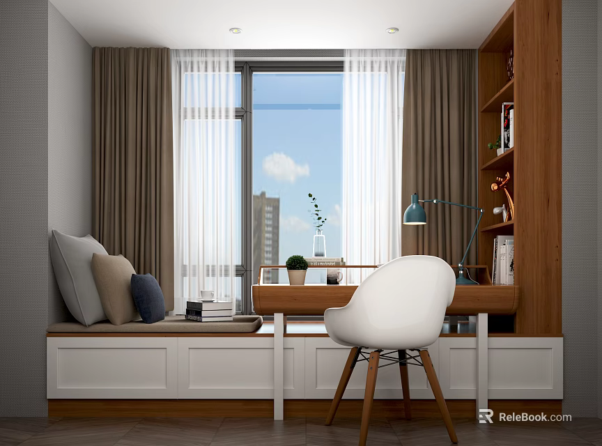 Cozy Modern Bay Window Interior With Cushioned Pillows Desk Chair And Curtains And City View 3d model 