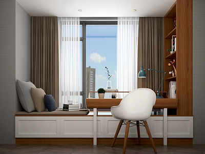 Cozy Modern Bay Window Interior With Cushioned Pillows Desk Chair And Curtains And City View 3d model